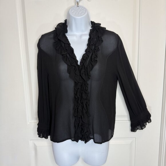 DKNY Black Silk Ruffle Front Blouse Size 6 Sheer Long Sleeve Top - Picture 7 of 12